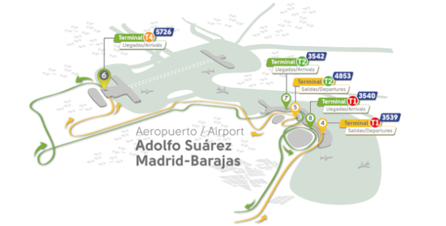 Plano de ubicación de las paradas en el aeropuerto del Autobús exprés al Aeropuerto Madrid Barajas